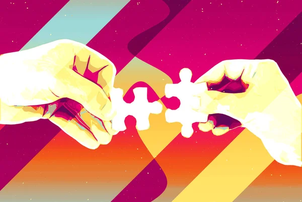 Hands with two puzzle pieces abstract background , modern illustration for teamwork, partnership , relationship , connection and cooperation business design