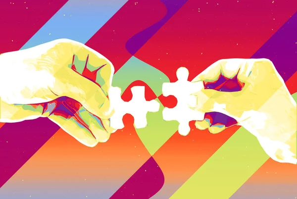 Hands with two puzzle pieces abstract background , modern illustration for teamwork, partnership , relationship , connection and cooperation business design