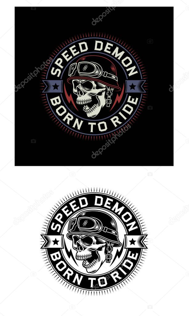 Vintage Biker Skull Emblem on Black and White Background 