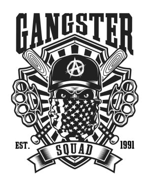 Gangster kafatası çapraz beyzbol sopaları ve Brass Knuckles amblemi ile