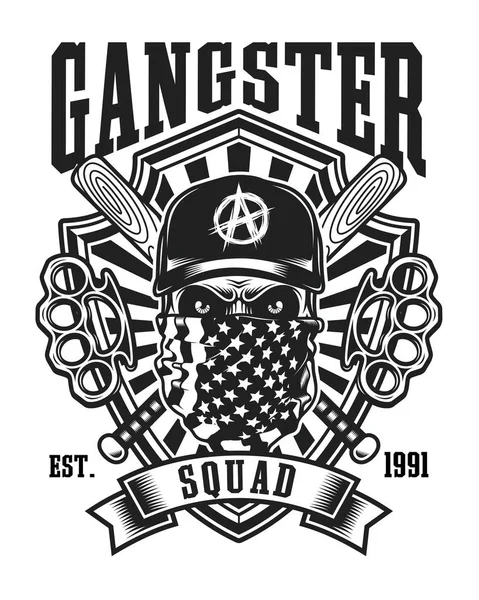 Gangster Cranio Con Attraversato Baseball Pipistrelli Nocche Ottone Emblema — Vettoriale Stock