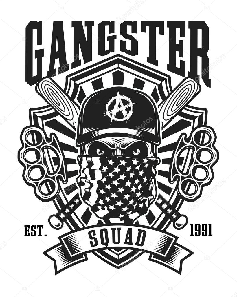 Gangster Skull With Crossed Baseball Bats and Brass Knuckles Emblem