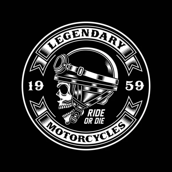 Vintage Motociclista Cranio Emblema Sul Nero — Vettoriale Stock