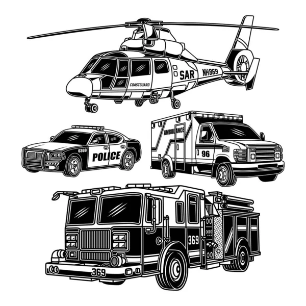 Emergency Vehicles Collection Black White — Stock Vector