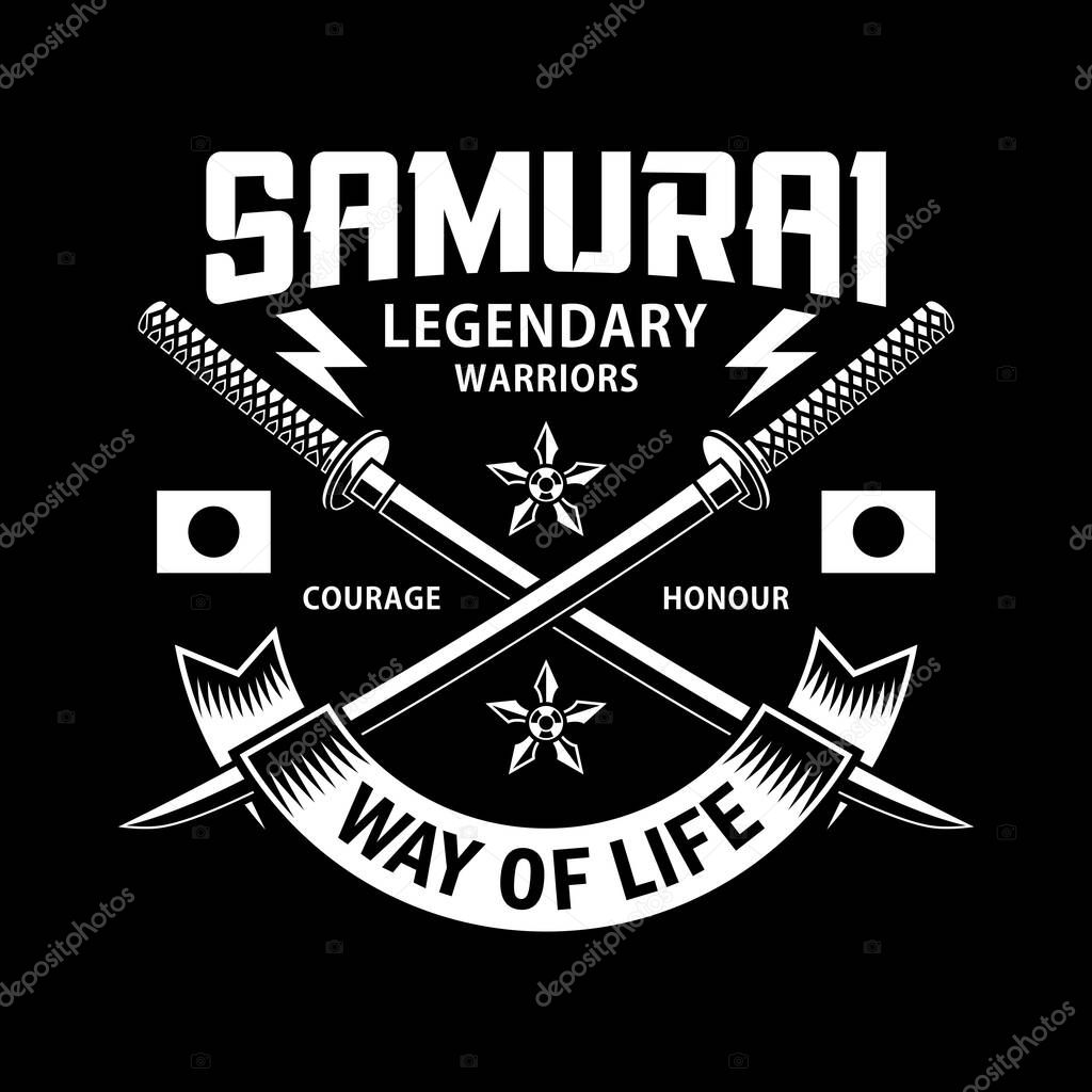 Crossed Katana Samurai Swords Emblem On Black