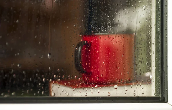 Mug with a hot drink on the book visible through the glass with raindrops