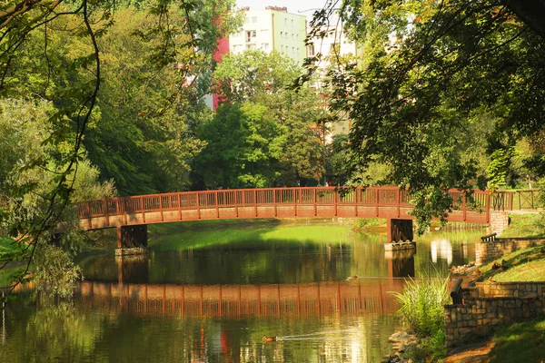 Landscape of the park with a lake, a bridge and a house