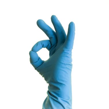 Bir elinde beyaz zemin üzerine mavi eldiven