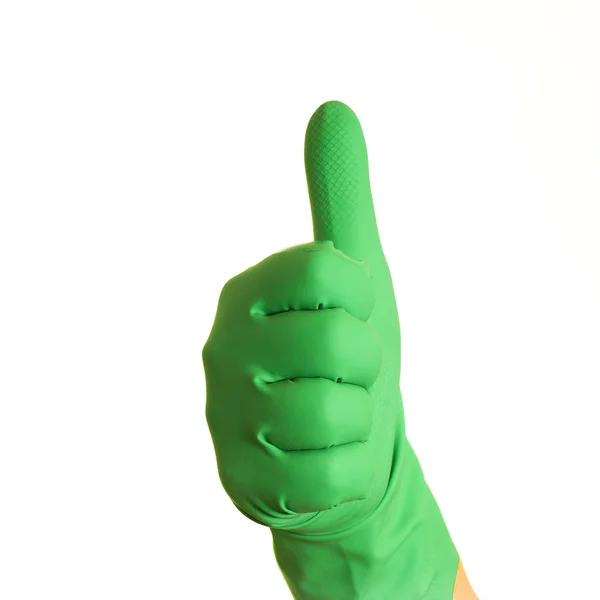 一个白色背景的绿色手套的手 — 图库照片