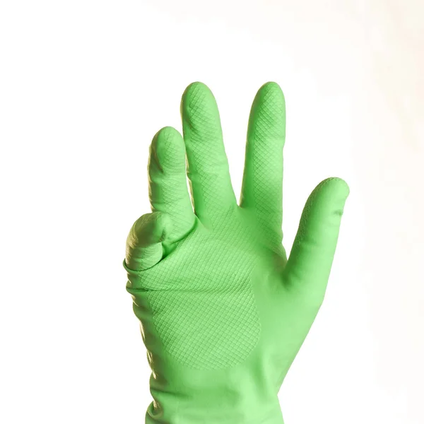 Uma Mão Luva Verde Sobre Fundo Branco Isolado — Fotografia de Stock