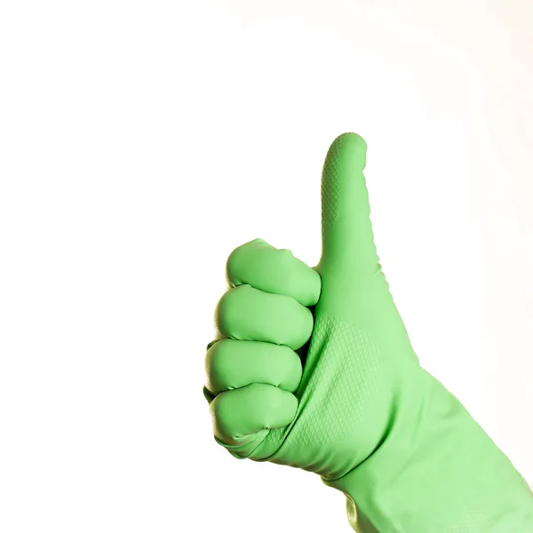 Een Hand Groen Handschoen Een Witte Achtergrond Geïsoleerd — Stockfoto