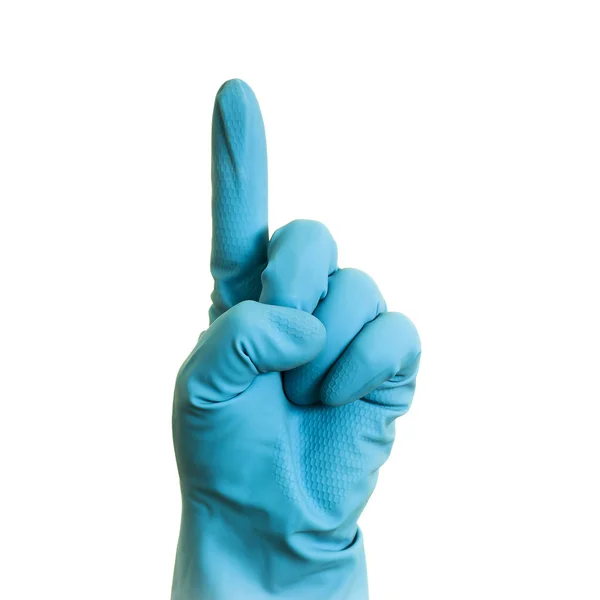 Mão Luva Azul Fundo Branco Isolado — Fotografia de Stock