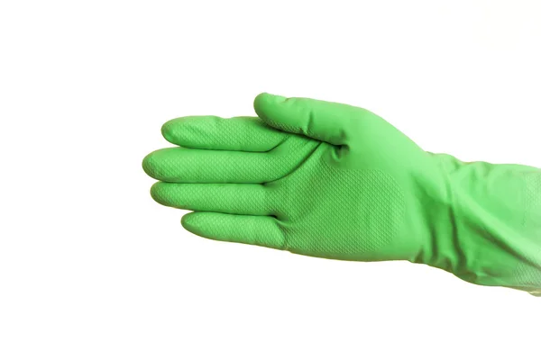 Een Hand Groen Handschoen Een Witte Achtergrond Geïsoleerd — Stockfoto