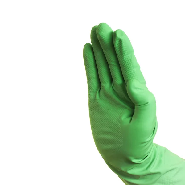 一个白色背景的绿色手套的手 — 图库照片