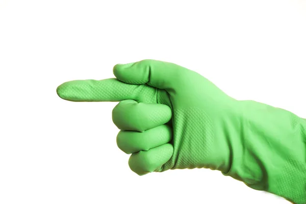 Bir Elinde Izole Bir Beyaz Zemin Üzerine Yeşil Eldiven — Stok fotoğraf
