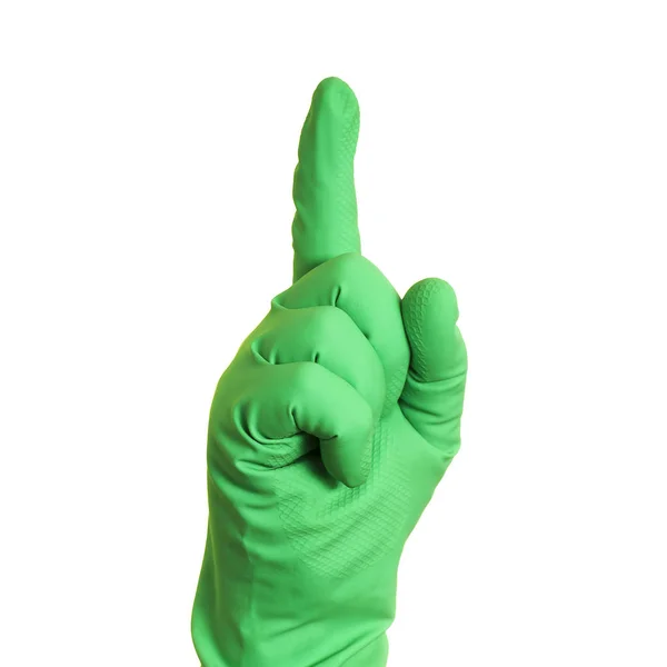 Uma Mão Luva Verde Sobre Fundo Branco Isolado — Fotografia de Stock