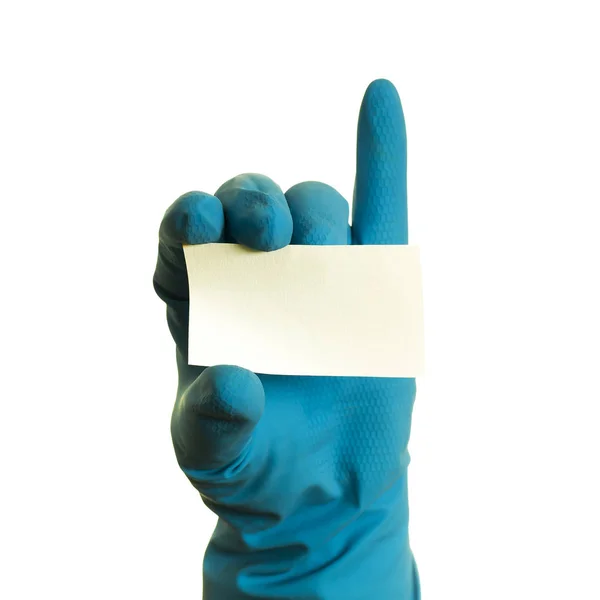 Χέρι Ένα Γάντι Μπλε Κρατώντας Μια Κολλώδη Σημείωση Χώρο Για — Φωτογραφία Αρχείου