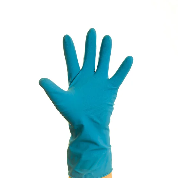 Hand Blå Handsken Vit Bakgrund Isolerade Stockbild