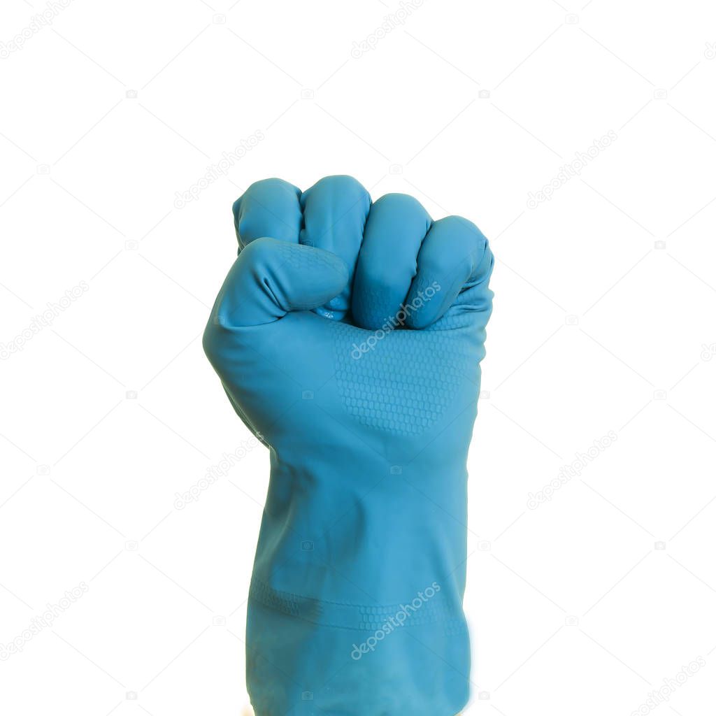 Hand in blue glove on a white background, isolated