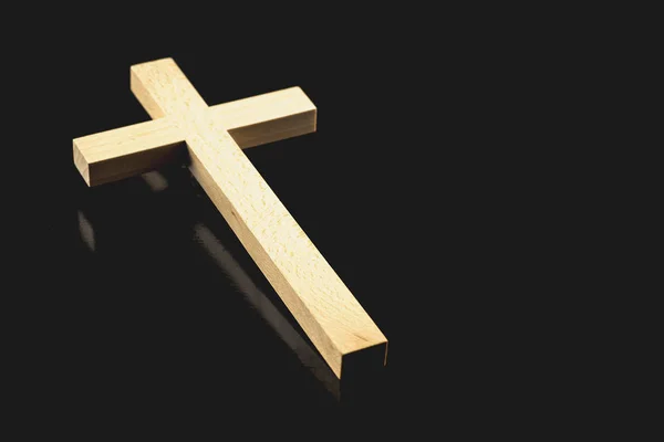 Light Brown Wooden Illuminated Cross Black Background — Stock Photo, Image