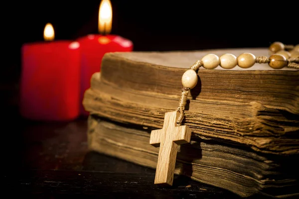 Rosary Background Books Candles Old Boards — Stock Photo, Image