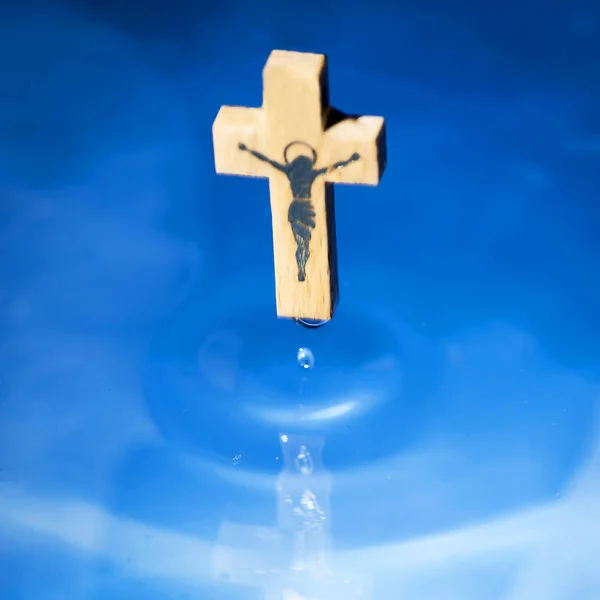 Concept Baptism Purification Christian Religion Wooden Crucifix Water — Stock Photo, Image