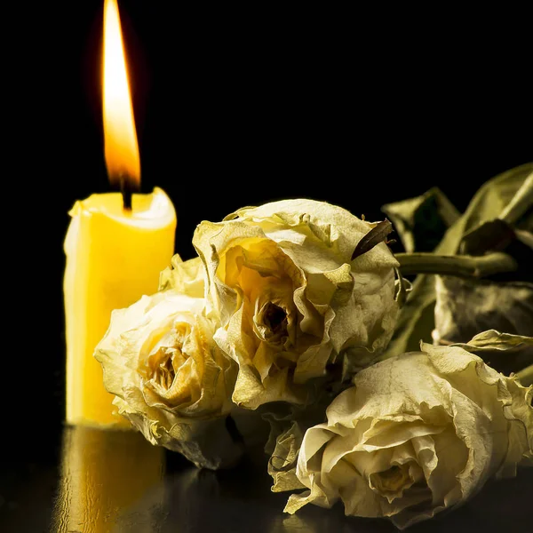 枯萎的玫瑰 黑色背景上燃烧的蜡烛 — 图库照片