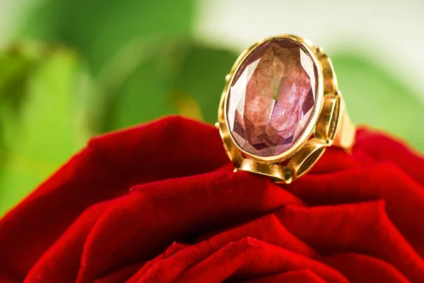 Um anel com uma safira em um fundo de uma rosa vermelha — Fotografia de Stock