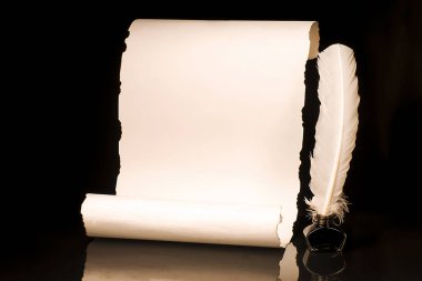 Mürekkep kuyusu ve quill kalem ile unrolled papirüs parşömen