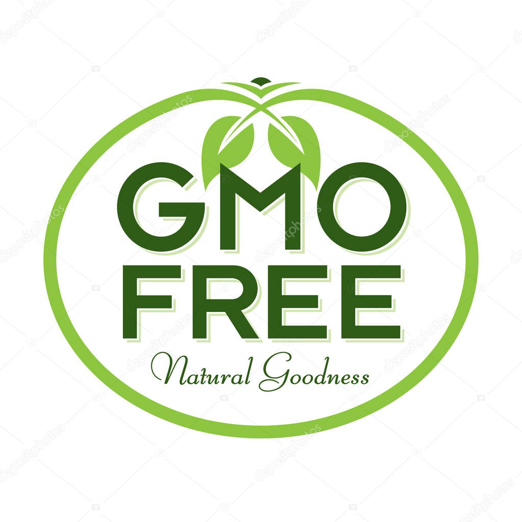 GMO Free Natural Goodness Logo. Graphic Oval Typographic Icon. Fully editable vector illustration design for web, print and food packaging.