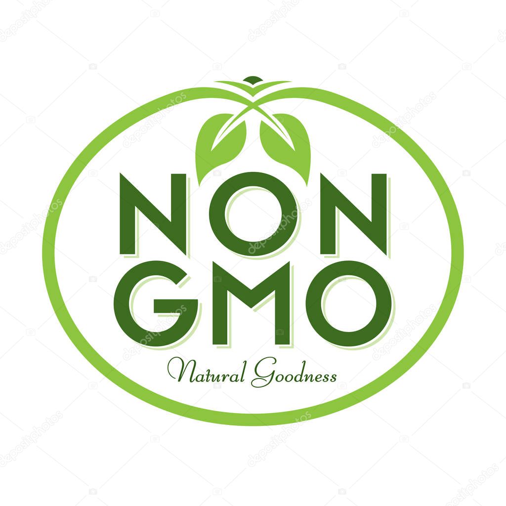 Non GMO Natural Goodness Logo. Graphic Oval Typographic Icon. Fully editable vector illustration design for web, print and food packaging.
