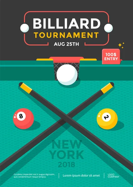 Diseño de póster deportivo torneo de billar con pelota — Vector de stock