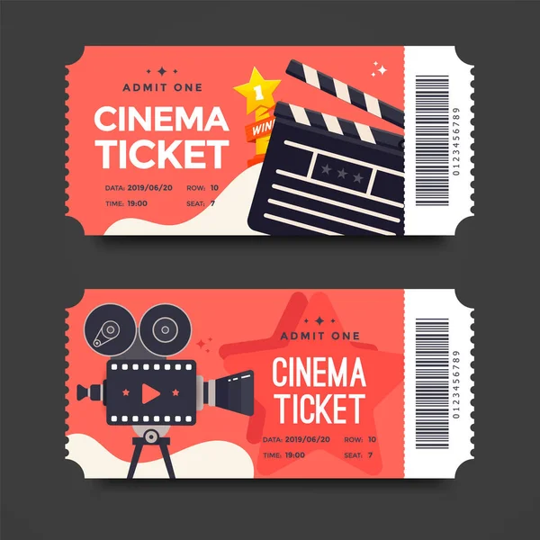 평면 영화 카메라가 있는 두 개의 붉은 영화 티켓 — 스톡 벡터