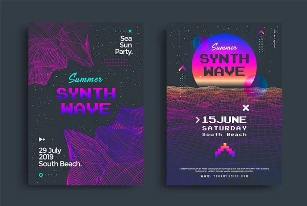 Sommar synthwave parti uppsättning affischer med rutnät — Stock vektor