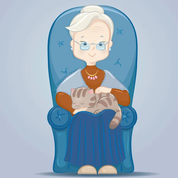 Ältere Großmutter Sitzt Auf Einem Stuhl Und Streichelt Die Katze — Stockvektor