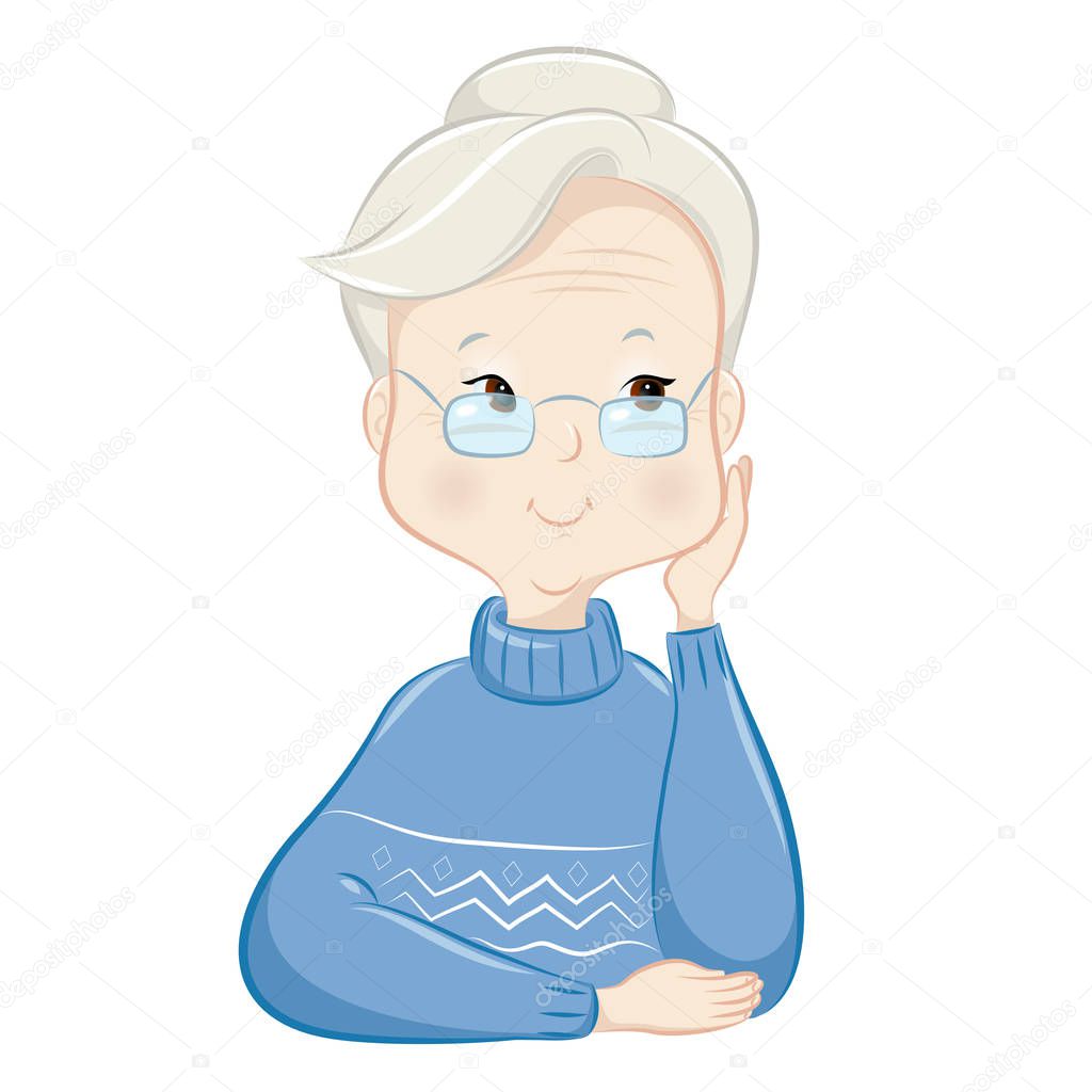 illustration of a grandmother in a blue knitted sweater