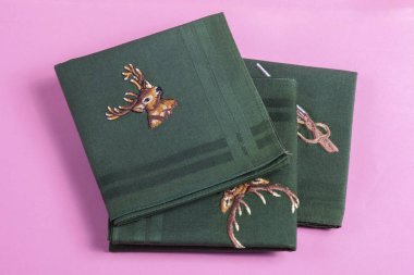 A set of handkerchiefs for men with embroidery on hunting clipart