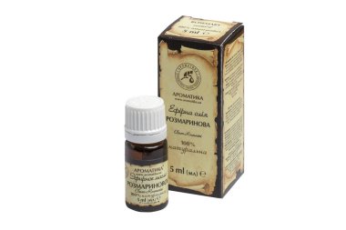 Kiev, Ukrayna - 12 Eylül 2019: Aromatika markasının Biberiye uçucu yağı - tonik ve analjezik özelliklere sahiptir, rejenerasyon süreçlerini uyarır. Aromaterapi