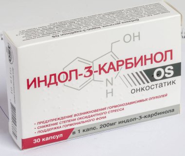 Kiev, Ukrayna - 12 Eylül 2019: Indol 3 Carbinol, kabuklu sebzelerin hücre duvarlarında bulunan bir antioksidandır, yani brokoli, karnabahar ve Brüksel lahanası.