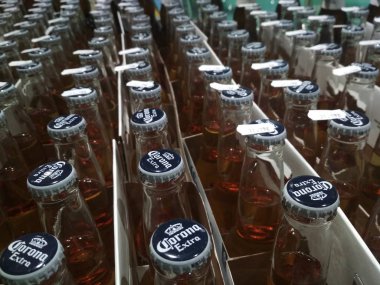 Kiev, Ukrayna - 22 Ağustos 2019: Corona bira mağaza tezgahında şişe çok sayıda.