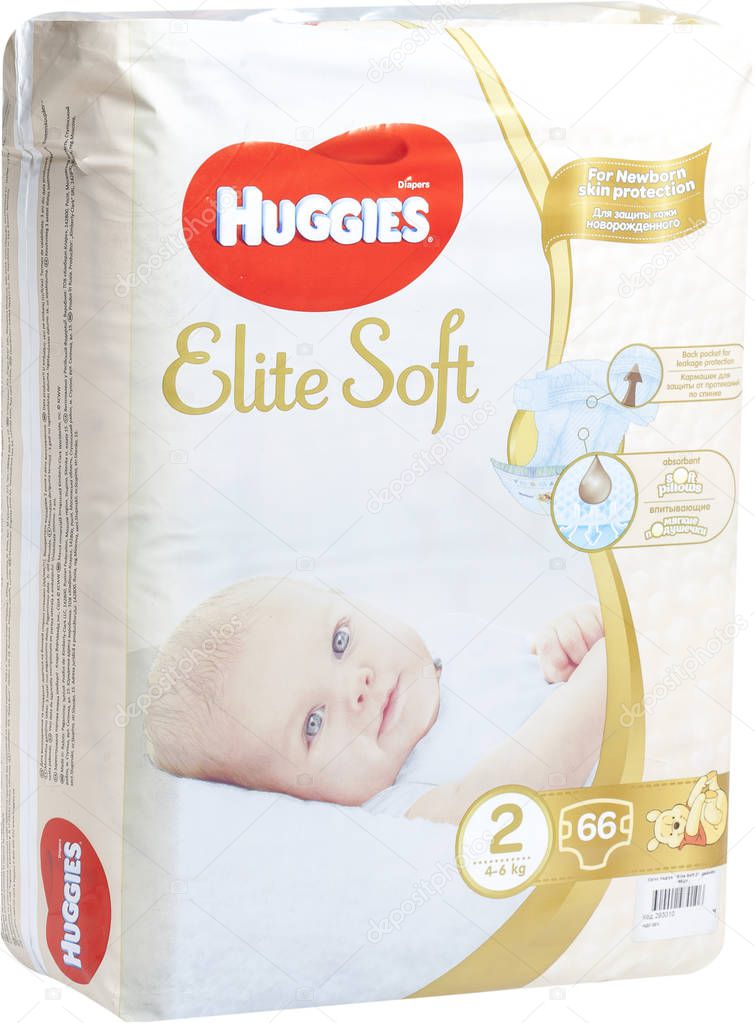 KIEV, UKRAINE - September 12, 2019: Diapers Huggies Elite Soft. Created from extremely soft materials inside and outside. A special inner layer with absorbing channels absorbs