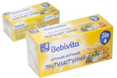 Kiev, Ukrayna - 25 Eylül 2019: Bebivita anti-colds bitkisel çay, 30 g. Sarı ambalaj. Beyaz arka planda yalıtılmış.
