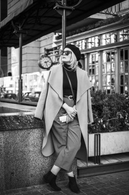 Şık güneş gözlüklü, deve tüyü saçlı, balıkçı yaka yakalı, Avrupa 'da bir şehrin caddesinde yürüyen zarif bir kadının sonbahar portresi. Boşluğu kopyala