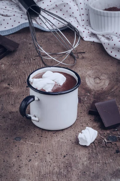 Hot Chocolate Marshmallows Metal Mug Wooden Background — Stock Photo, Image