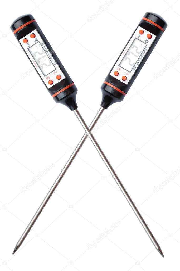 Digital thermometer for monitoring food temperature. Isolated on a white background.