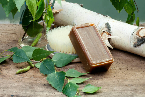 Tar soap and massage brush. green birch leaves, flat lay, top view. Eco accessories for bathrooms, cosmetics, without plastic.