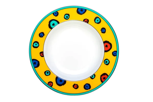 Empty Ceramic Yellow Plate Bright Multi Colored Edges Isolated White — Stock Photo, Image