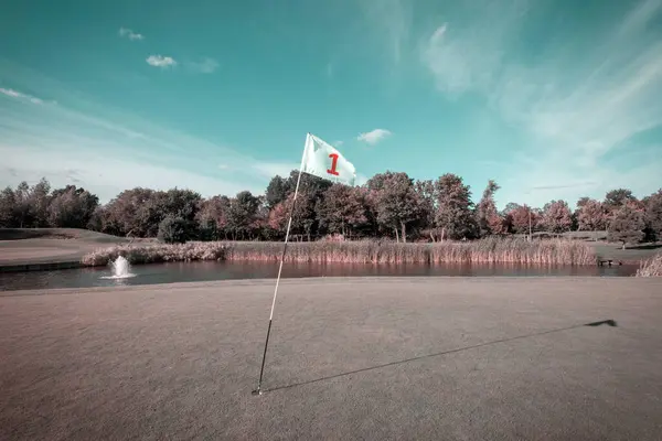 高尔夫球场的细节 前面有绿旗 — 图库照片