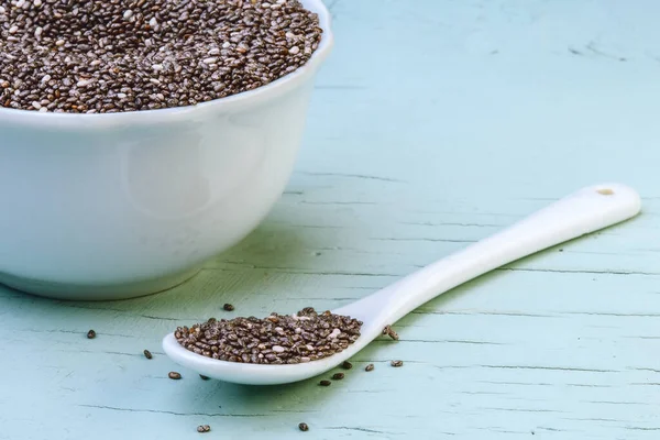 Chia Seeds Salvia Hispanica White Porcelain Bowl Spoon Isolated Light — Stock Photo, Image