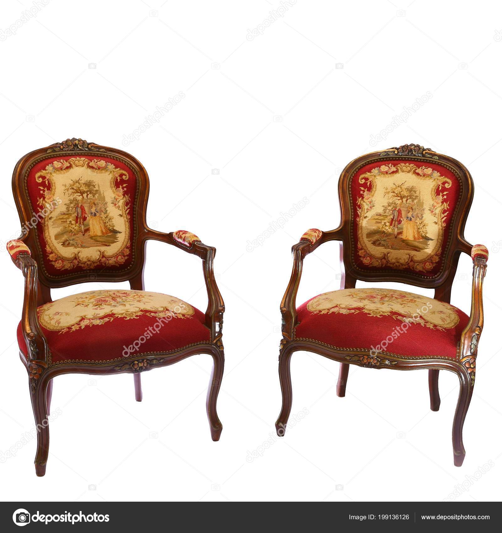 Two english antique tapestry chairs decorated with flowers and couple  isolated on white background 199136126